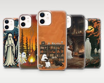 Spooky Halloween Phone Case Ghost Pumpkin for iPhone 17Pro, 16, 15, 14, 13, 12, Samsung S25 S24 S23Fe, S22 A16 A26, A56, Pixel 10, 9Pro