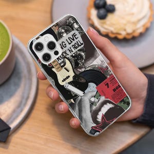 May include: Clear phone case with a collage design featuring a guitar, vinyl records, disco balls, and the text "ING LIVE ROCK 'N ROLL". The case has a black, white, and red color scheme.
