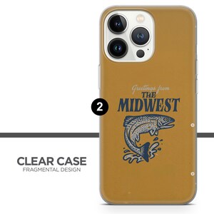 May include: A clear phone case with a yellow background and a graphic of a fish jumping out of the water. The text "Greetings from the Midwest" is printed on the case.