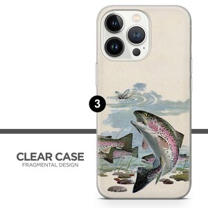 May include: Clear phone case with a design of three trout fish jumping out of the water. The background is a watercolor style painting of a stream with a dragonfly.