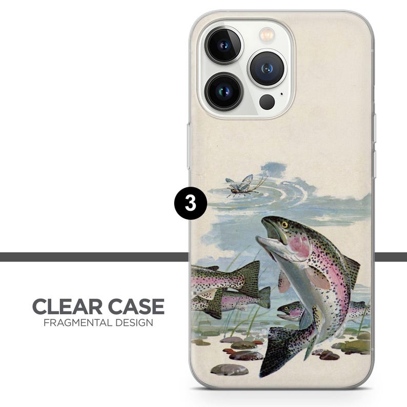 May include: Clear phone case with a design of three trout fish jumping out of the water. The background is a watercolor style painting of a stream with a dragonfly.