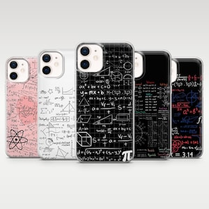 May include: A collection of phone cases with mathematical equations and scientific diagrams printed on them. The cases feature a variety of colors, including pink, white, and black, with the equations in white. The cases are designed to fit a smartphone.