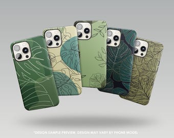 May include: Five smartphone cases featuring various botanical leaf patterns in shades of green, cream, and dark charcoal. Each case displays a unique arrangement of monstera and tropical foliage line art, with a camera cutout at the top left corner.