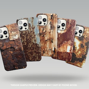 May include: Five phone cases with a weathered, rusty metal design. The cases feature a variety of brown, orange, and gray tones, with peeling paint effects. The text at the bottom reads "DESIGN SAMPLE PREVIEW. DESIGN MAY VARY BY PHONE MODEL."