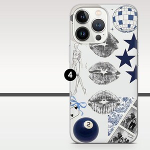 May include: Clear phone case with a collage design. The design includes a blue disco ball, navy blue stars, lip prints, a fashion illustration, and a blue 2-ball. The case has a clear border.