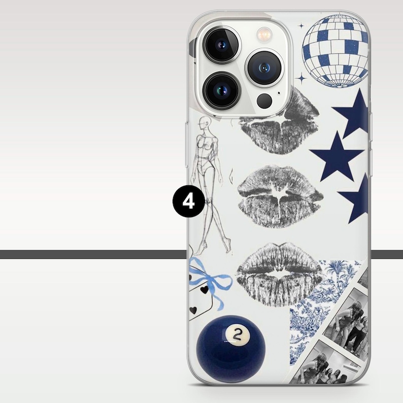 May include: Clear phone case with a collage design. The design includes a blue disco ball, navy blue stars, lip prints, a fashion illustration, and a blue 2-ball. The case has a clear border.