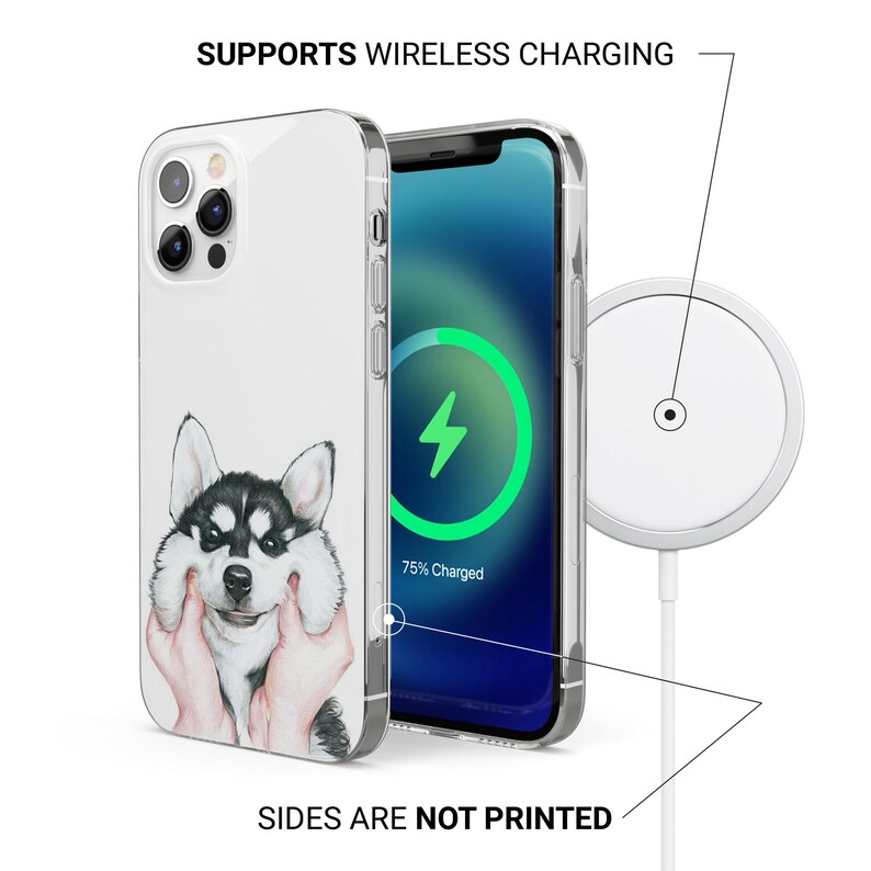 May include: A clear phone case with a cute illustration of a husky dog with its cheeks being squeezed. The case is compatible with wireless charging and the text "SUPPORTS WIRELESS CHARGING" and "SIDES ARE NOT PRINTED" are visible on the image.