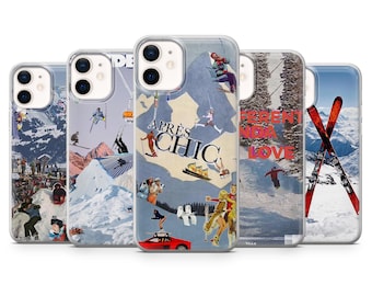 May include: Set of four phone cases featuring a winter sports theme. The cases feature a variety of images, including skiers, snowboarders, and a red sports car. The text on the cases includes "Après Chic" and "Different Kinda Love".
