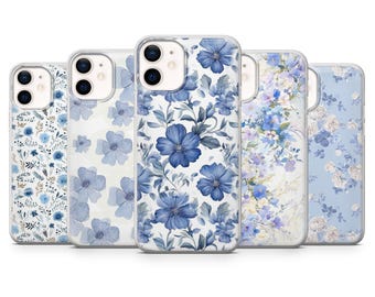 Telefoonhoesje met blauwe bloem bloemmotief bloemmotief voor iPhone 17Pro, 16, 15, 14, 13, 12, Samsung S25, S24, S23Fe, S22, A16, A26, A56 Pixel 10 9Pro