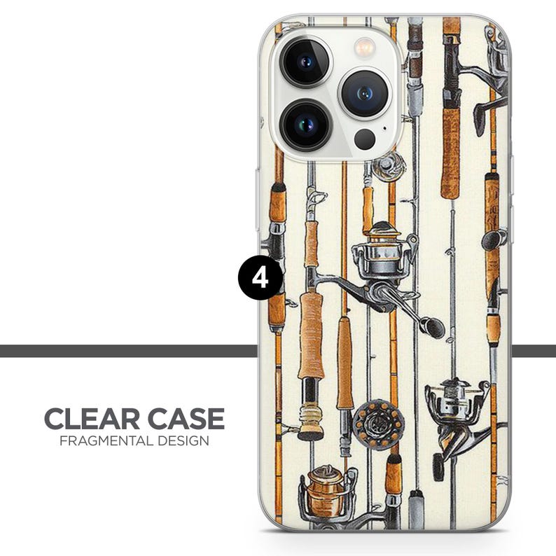 May include: Clear phone case with a design of fishing rods and reels. The case has a white background with a repeating pattern of fishing equipment.