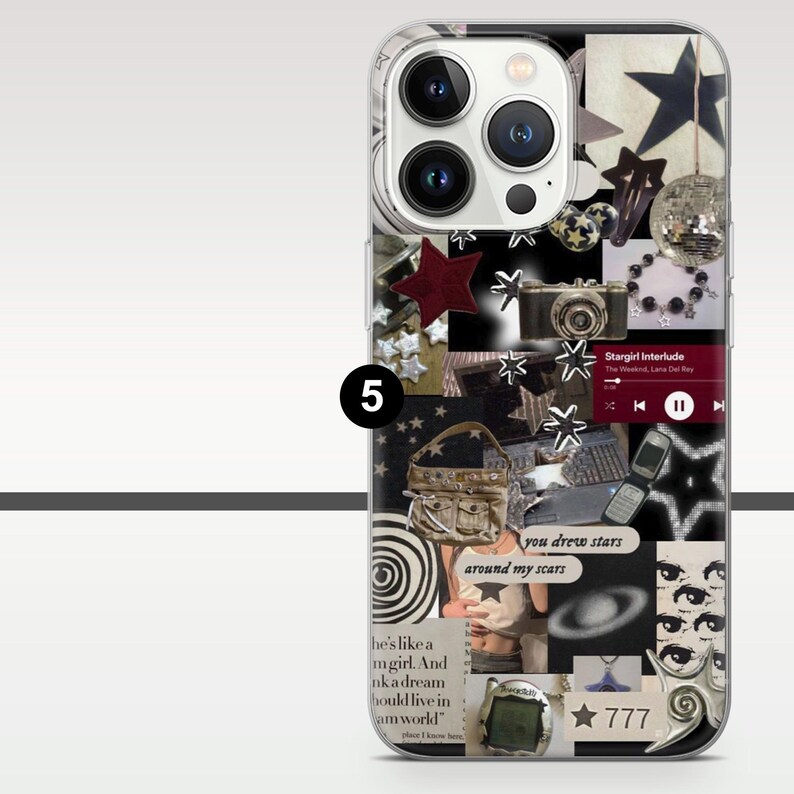 May include: A clear phone case with a collage design. The design includes a camera, stars, a purse, and text that reads "Stargirl Interlude" and "you drew stars around my scars". The number "777" is also visible.