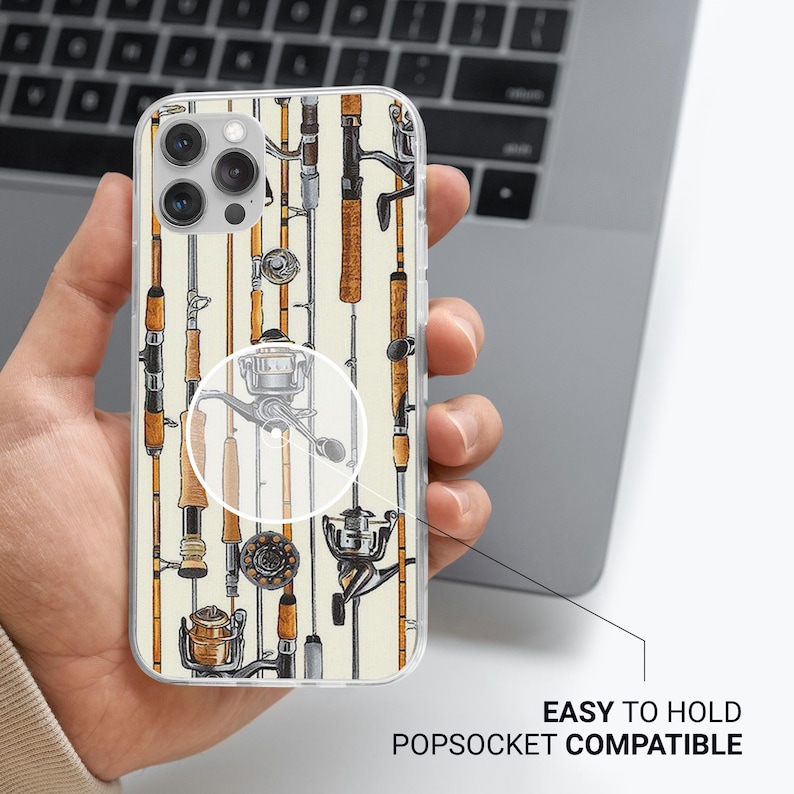 May include: A clear phone case with a colorful illustration of fishing rods and reels. The case is compatible with a popsocket.
