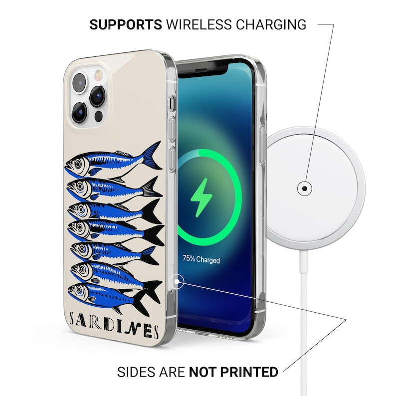 May include: A white iPhone case with a design of blue and white sardines. The case is compatible with wireless charging and has the text "SARDINES" printed on the bottom. The sides of the case are not printed.