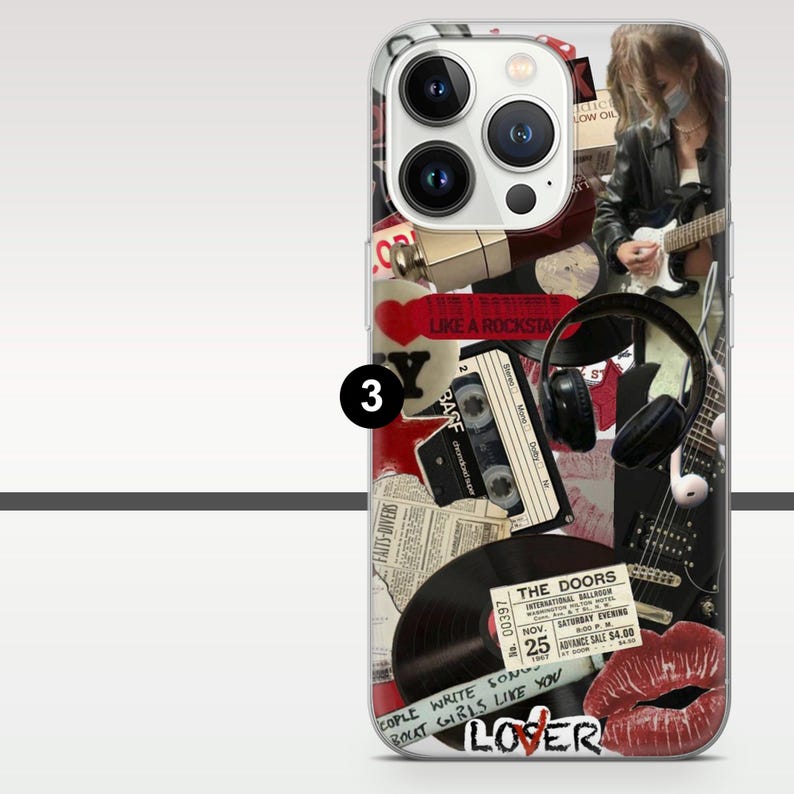 May include: Clear phone case with a collage design featuring a cassette tape, vinyl record, headphones, and a guitar. The design includes the text "LIKE A ROCKSTAR", "THE DOORS", and "LOVER".