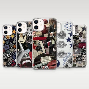 May include: A collection of five clear phone cases with unique designs. The cases feature various graphics, including stars, guitars, lips, and collages with text. The designs incorporate a mix of colors and textures, creating a visually diverse set.