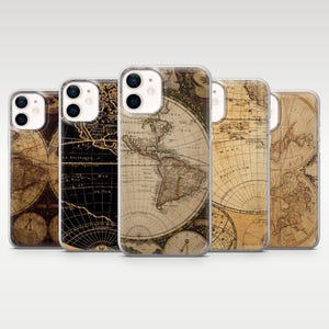 May include: A collection of five phone cases featuring vintage world map designs. The cases display detailed cartography in shades of brown and beige, with intricate lines and compass details. The cases are arranged in a row, showcasing different sections of the maps.