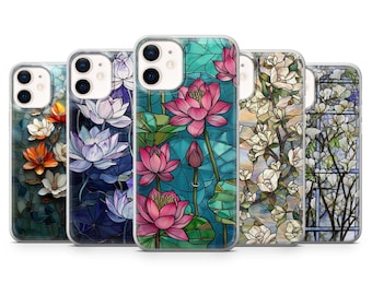 Magnolia Phone Case Stained Glass Floral Cover for iPhone 18Pro, 17, 16, 15, 14, 13, Samsung S26, S25, S24, S23Fe, A16, A56, Pixel 11, 10