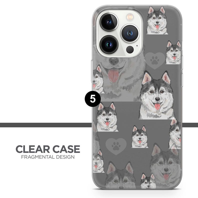May include: Clear phone case with a fragmented design featuring a repeating pattern of grey and white husky dogs on a grey background. The case has a clear back and a white border.