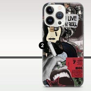 May include: A phone case with a collage design featuring a black and white electric guitar, a vinyl record, and a hand holding a cigarette. The design includes the text "LIVE 'N ROLL" and a red star.