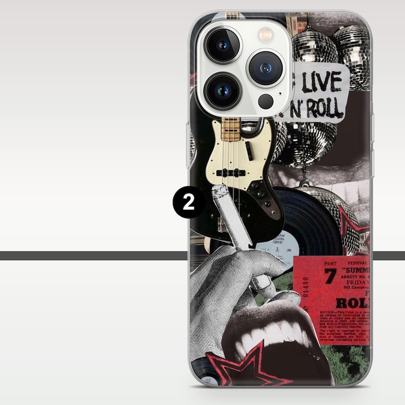 May include: A phone case with a collage design featuring a black and white electric guitar, a vinyl record, and a hand holding a cigarette. The design includes the text "LIVE 'N ROLL" and a red star.