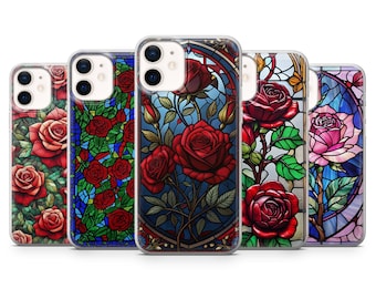 Roses Phone Case Stained Glass Floral Cover for iPhone 18Pro, 17, 16, 15, 14, 13, Samsung S26, S25, S24, S23Fe, A16, A56, Pixel 11, 10