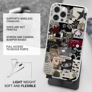May include: Clear phone case with a collage design featuring stars, a camera, and text. The case is on a black stand. The text on the case reads "Stargirl Interlude" and "you drew stars around my scars". The case supports wireless charging.