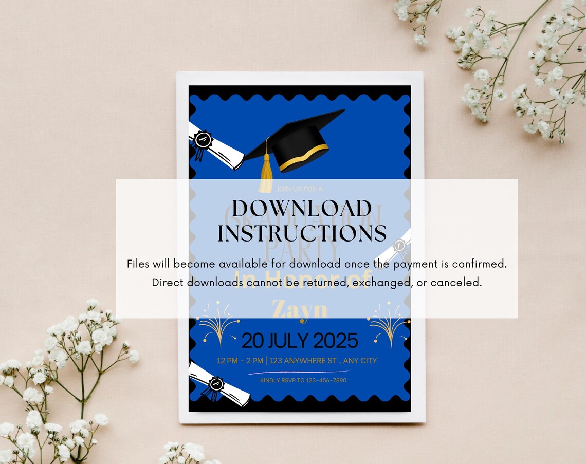Custom Blue Digital Graduation Invitation Instant Download