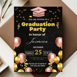 Customizable Old Pink, Gold & Black Graduation Invitation - Instant Download | Graduation Party Invitation Template