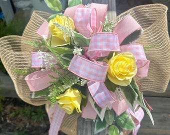 Mailbox Topper, Standard Size Spring/Summer Pink Ribbon Yellow Roses Greenery Burlap Mesh