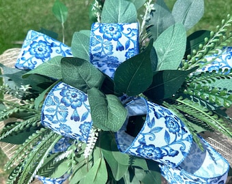 Mailbox Topper Jumbo Blue White Wired Ribbon Greenery Burlap Mesh