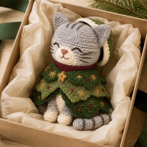 May include: A gray and white crocheted cat plush toy wearing a green, layered, tree-shaped cape with embroidered gold stars and red dots, and a matching green and white hat, nestled inside a square cardboard gift box lined with tissue paper.