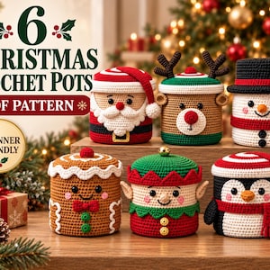 Christmas Crochet Pattern Bundle, 6 Lidded Holiday Pots, Beginner Friendly PDF, Santa Reindeer Snowman Gingerbread Elf Penguin