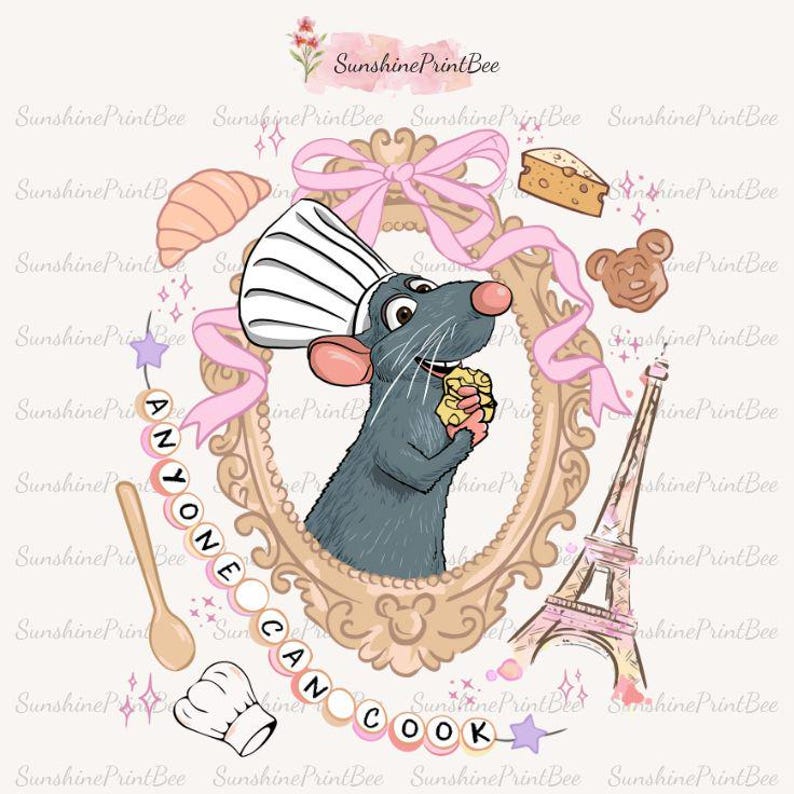May include: An illustration featuring a gray rat wearing a chef's hat, holding cheese, and framed in a gold oval. The image includes a pink bow, Eiffel Tower, and the text "ANYONE CAN COOK" in a circular design. Additional elements include a croissant and a wooden spoon.