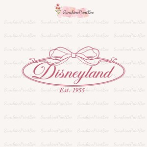May include: A pink Disneyland logo design with a bow and banner, set within an oval frame. The text "Disneyland" is in a cursive font, with "Est. 1955" below. The background is a light beige color.