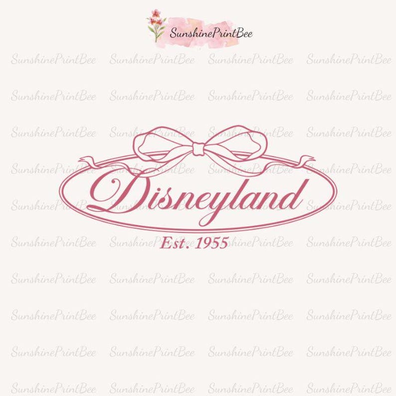 May include: A pink Disneyland logo design with a bow and banner, set within an oval frame. The text "Disneyland" is in a cursive font, with "Est. 1955" below. The background is a light beige color.