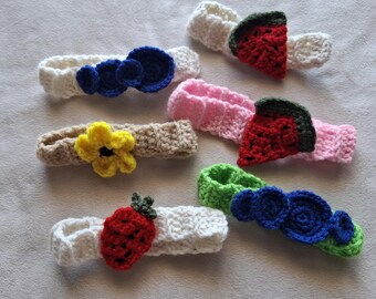 Bundel gehaakte hoofdband babyhoofdband, 4 patronen, aardbei-watermeloen bosbes, zonnebloem, pdf voor beginners