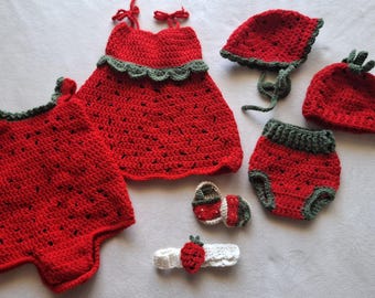 Aardbei baby haakpatroon bundel, jurk romper hoed motorkap hoofdband sandalen, beginner pdf, pasgeboren foto prop set