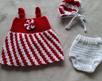 Pepermunt gehaakte babybundel, kerstjurk motorkap en luierhoes pdf, snoepgoed babyoutfit, maten pasgeboren tot kind