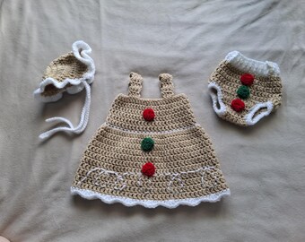Bundel met gehaakt peperkoekpatroon, pdf kerstoutfit babybaby, set jurk motorkap, maten pasgeboren peuter