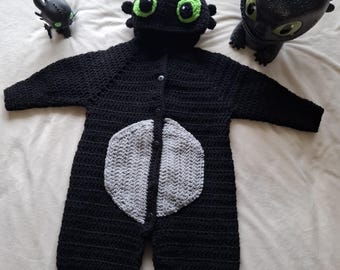 Toothless Inspired Baby Sleeper 12–18 Months | Night Fury Hooded Costume | HTTYD Dragon Outfit | Handmade