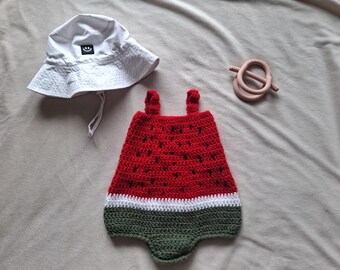 Watermeloen babyromper | Zomeroutfit 0-3 maanden | Handgemaakte fruit-baby-outfit | Sample Sale fotorekwisiet