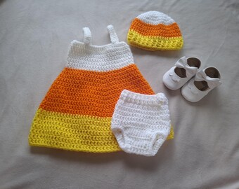 Haakpatroon voor een babyjurkje met snoepmaïs-thema, Halloween babyoutfit, jurk, luierbroekje en mutsje set, geschikt voor pasgeborenen tot peuters (PDF-patroon).