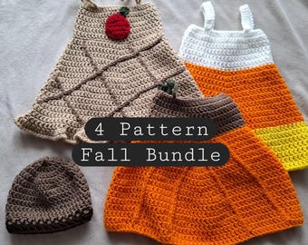 Fall Crochet Pattern Bundle – Apple Pie Dress, Pumpkin Dress, Candy Corn Dress & Acorn Hat | 4 Patterns