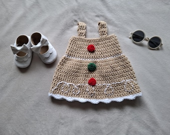 Gehaakte peperkoekbabyjurk | Kerstoutfit 0-3 maanden | Handgemaakte vakantiebabyjurk | Sample Sale fotorekwisiet