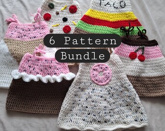 Crochet Fun Food Dress Pattern Bundle – Pizza, Taco, Donut, Ice Cream, Sundae & Cupcake | 6 Patterns