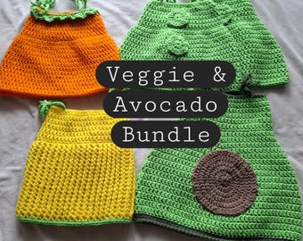 Crochet Veggie Dress Pattern Bundle – Carrot, Corn, Peas Twin Dresses & Avocado Dress | 4 Patterns