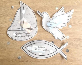 Biglietto di auguri con motivo shaker per la Prima Comunione, confezione regalo e regalo in denaro – stampabile