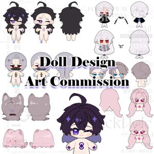 May include: A collection of doll designs for art commissions. The designs include a variety of characters with different hair colours, clothing, and accessories. The text "Doll Design Art Commission" is displayed in the centre of the image.