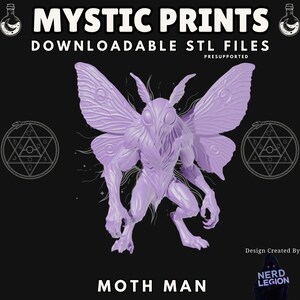 May include: A lavender-colored Moth Man figure with large wings and a humanoid body, set against a black background. The image includes the text "MYSTIC PRINTS" and "MOTH MAN". The design is created by Nerd Legion.