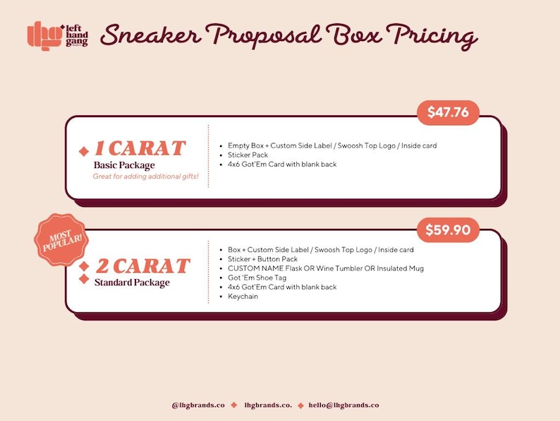 May include: A promotional graphic for sneaker proposal boxes, featuring two package options: 1 Carat Basic and 2 Carat Standard. The image includes a list of included items, such as custom labels, stickers, and cards. The text "Sneaker Proposal Box Pricing" is at the top.